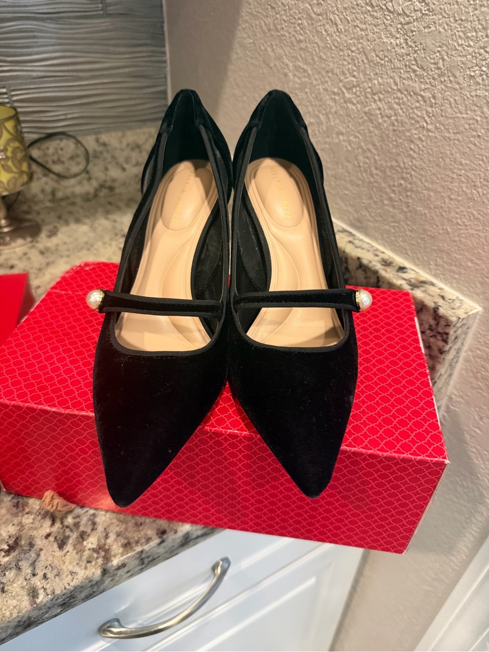 Kelly & Katie Black Pointed Mary Jane Flats with Pearl Strap